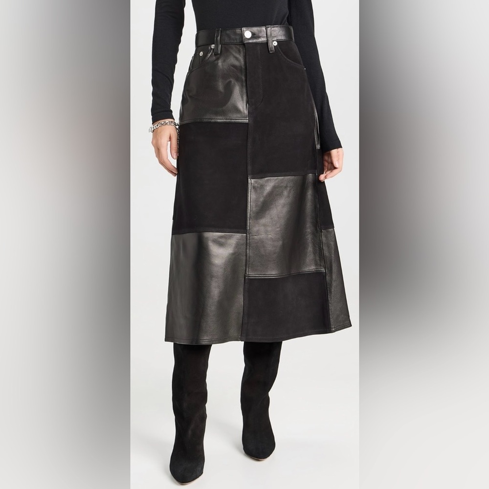 RE/DONE Mid Rise Leather & suede 27/small  Patchwork Skirt NWT - Picture 8 of 15
